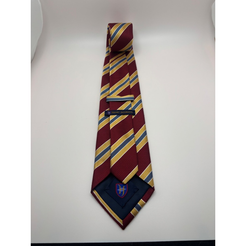 Henry Jacobson Mens Silk Tie Burgundy Gold Blue Striped Regimental Hand Made - Picture 3 of 8